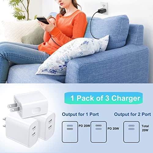 Costyle 20 W Dual USB C Wall Charger Pack (3) – Ultra-Fast Charging Block for i Phone 11-16, i Pad, Galaxy S23, and Apple Watch Series 7/8 – Compact Travel Adapter for Enhanced Device Compatibility and Performance