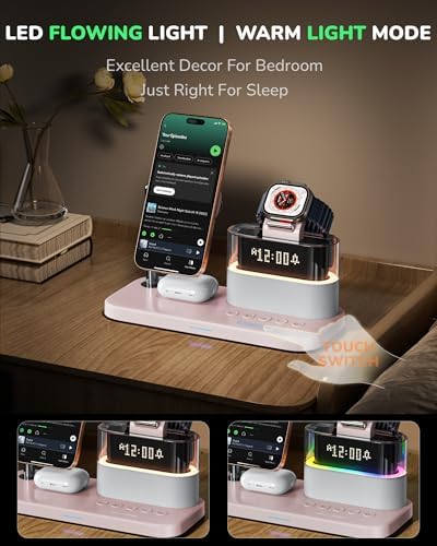 Ultimate 5-in-1 Wireless Charging Station with Alarm Clock and Night Light – Sleek Mag-Safe Dock for i Phone 16/15/14/13/12, Apple Watch & Air Pods – Fast Charging & Space-Saving Design for Nightstand Organization