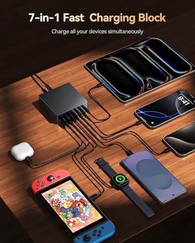 140 W Ga N III USB-C Fast Charging Station – 7-Port Multi-Device Hub with PD 3.0 Technology for Rapid Laptop, Tablet, and Smartphone Charging – Ideal Portable Power Strip for Home, Travel, and Office Use