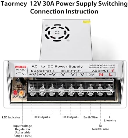 Efficient 12 V 30 A Switching Power Supply – Reliable AC/DC Converter for LED Strips, CCTV Cameras, 3 D Printers & Industrial Equipment – Compact Design with Overload Protection for Optimal Performance and Versatile Applications