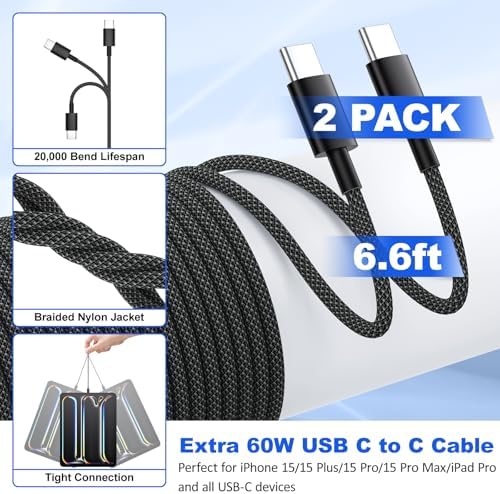 38 W Dual Port Fast Car Charger for i Phone 16 & 15 – Includes 2 Braided 6 ft USB-C Cables & 40 W Wall Adapter – Quick Charge 3.0 Cigarette Lighter Adapter for i Pad, Samsung & Tablets – Ultimate On-the-Go Charging Solution