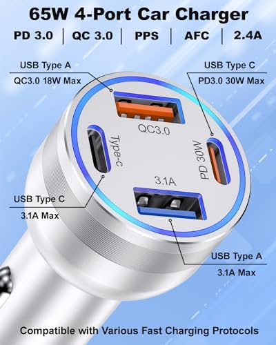 Agtray 65 W 4-Port Fast Charging Car Charger with 6 FT USB C Braided Cable – High-Performance USB C Adapter for i Phone 16, Samsung Galaxy S25, and Pixel 9 – Ultimate Multi-Device Charging Solution for Road Trips and Daily Commutes – Compact, Durable, and Safety-Enhanced Car Accessory