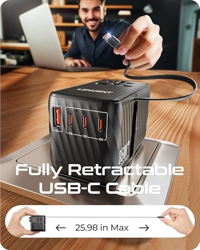 LENCENT 85 W Universal Travel Adapter with Retractable USB-C Cable – High-Speed International Plug Converter Featuring 3 Type-C & 1 USB-A Ports for Effortless Worldwide Charging – Your Ultimate Travel Essential for Maximum Compatibility, Fast Charging, and Ga N Technology Efficiency