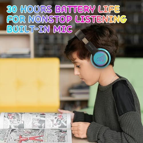 IFECCO Wireless Kids Bluetooth Cat Ear Headphones – Fun Light-Up Design with Volume Limiting Feature, Built-in Microphone, and Foldable Portability for Travel and Learning – Ultimate Gift for Young Music Enthusiasts