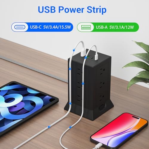 Ultimate Power Strip Tower with 12 AC Outlets & 4 USB Ports (2 USB-C) – 6.5 Ft Flat Plug Extension Cord Surge Protector for Home Office & Dorm Room – Individual Switches for Enhanced Control & Fast Charging, Space-Saving Design, Black