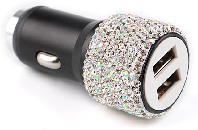 Chic Rhinestone Dual USB Car Charger & 3-in-1 Braided Charging Cable Set – Stylish Bling Accessories for Fast Charging & Enhanced Compatibility – Perfect for Women’s Vehicles in Silver