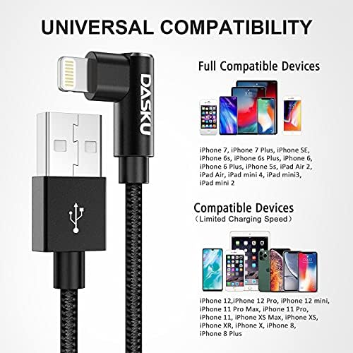 Dasku 3 FT 90-Degree USB C to Lightning Charging Cable – Fast 20 W Nylon Braided Cord for i Phone 14/13/Pro/12/Max/11/XS/XR/8/Plus – Ultimate Durability & Efficient Data Sync for Tight Spaces