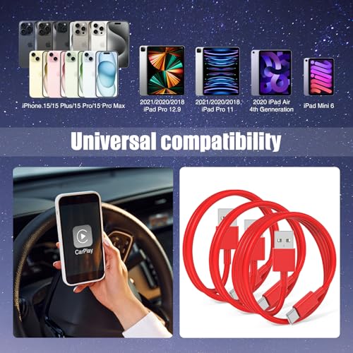 6 FT USB A to USB C Carplay Charging Cable – 3-Pack for i Phone 15/16, i Pad Pro/Air/Mini, Samsung Galaxy S25/S24/S23, and Mac Book – Fast Charging & High-Speed Data Transfer for Enhanced Compatibility on the Go