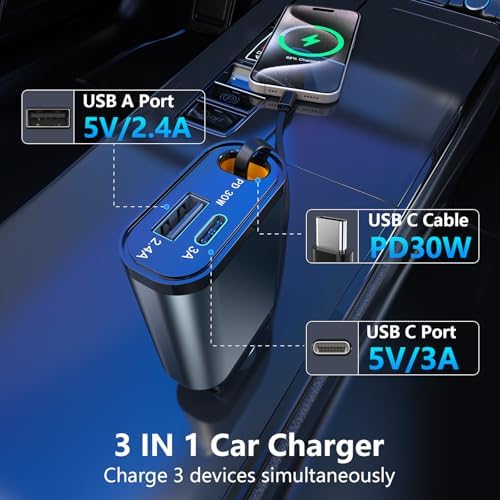 2025 Ultra-Slim PD30 W Retractable Car Charger – Fast USB-C Charging for i Phone 16/15/14/13/12 & Samsung Devices – Essential Travel Accessory with Safety Features and Tangle-Free Design for On-the-Go Power