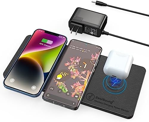 Zeal Sound Ultra-Slim Triple Wireless Charging Hub – Fast, Elegant PU Leather Charger Pad for Smartphones, Air Pods & Qi-Compatible Devices – Non-Slip Design with AC Adapter for Home & Office Efficiency