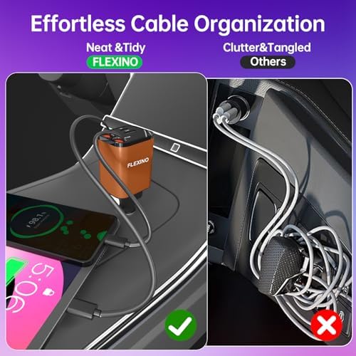 Premium Flexino Compact Retractable Car Charger for i Phone 16 – 69 W Fast Charging with Dual 2.6 ft USB C Cords | Efficient Power Adapter Compatible with i Phone 16/15/14/13/12 Series & Galaxy Devices | Sleek Grey Design for Ultimate Portability and Reduced Cable Clutter