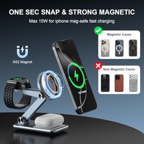 Premium 3-in-1 Foldable Wireless Charging Station for Apple Devices – Aluminum Magnetic Charger Stand for i Phone, Apple Watch & Air Pods | Portable Travel Dock with 20 W PD Adapter & 5 ft USB-C Cable for Enhanced Compatibility & Rapid Charging | Ideal Gift for Tech Enthusiasts