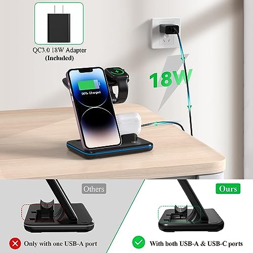 Minthouz 3-in-1 Fast Wireless Charging Station – 18 W Power Hub for i Phone 15/14/13/12/11, Air Pods & i Watch – Sleek, Space-Saving Design with QC3.0 Adapter for Effortless Charging Convenience and Style