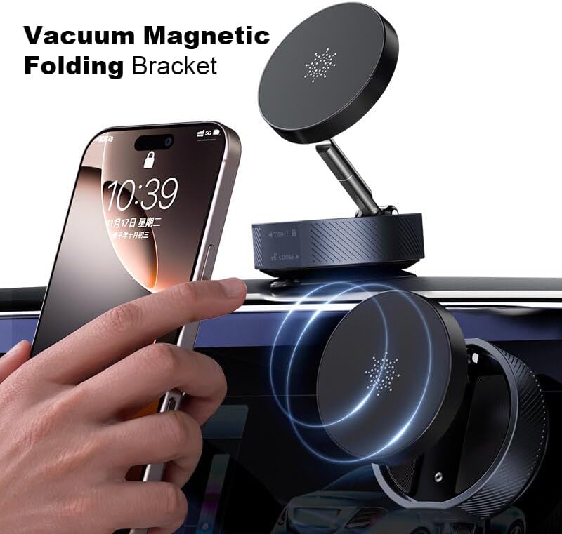 Phone Holders for Car Magsafe Car Mount，Magnetic Car Cell Phone 360° Rotatable Aluminum Base Upgrade Foldable Vacuum Magnetic Suction Phone Mount Ideal for Car Desk Dorm Smooth Surfaces – Enhanced Compatibility and Speed