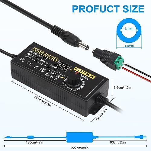 Universal Adjustable DC Power Supply Adapter, 3 V-24 V, 3 A, 72 W – Versatile AC to DC Converter with 14 Interchangeable Tips for Maximum Device Compatibility and Enhanced Performance