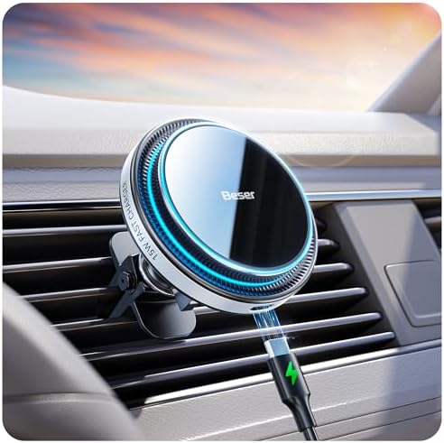 Magnetic Qi Wireless Car Charger for i Phone 12/13/14/15/16 – Beser 15 W Fast Charging Mount with Elegant Aluminum Finish for Secure Vent and Dashboard Installation – Ultimate On-the-Go Power Solution for Modern Drivers