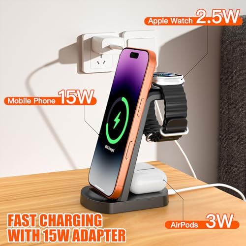 Efficient 3-in-1 Wireless Charging Dock for i Phone 16/15/14, Apple Watch, and Air Pods – Rapid Charge Station with 1.5 M USB Cable in Sleek Black – Streamline Your Charging Experience and Maximize Productivity
