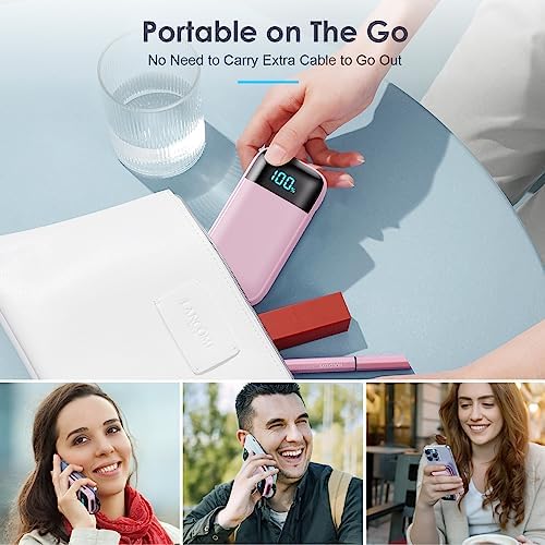 Ultra-Compact 13,800 m Ah Portable Charger with Built-In Cables – PD Fast Charging Power Bank for i Phone 15/14/13/12 & Android Devices – Stylish Pink Design with LCD Display for Real-Time Battery Monitoring – Perfect for Travel and Daily Use – Multi-Device Charging Solution