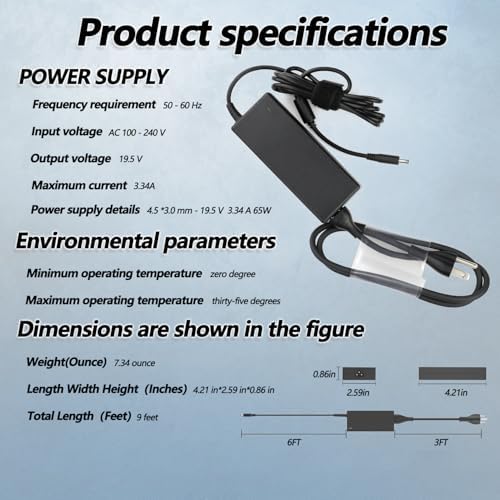 65 W High-Efficiency AC Adapter for Dell Inspiron & Vostro Series – Ultra-Compatible 4.5 mm Tip Laptop Charger with Enhanced Portability, Ideal for 3000, 5000, 7000 Models – Lightweight Design Perfect for On-the-Go Use and Travel-Friendly Power Solution
