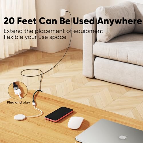 USB C Extension Cable 20ft/6M, Extra Long USBC Extender 100W Fast Charging, 5Gbps Data Transfer, 4K@60Hz USB-C 3.1 Male to Female Durable Braided Cord for iPhone16 Galaxy S25/24 Laptop Camera Tablet – Enhanced Compatibility and Speed