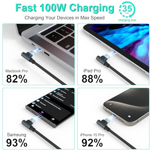 Maximize Device Efficiency with the 10 FT 4-in-2 Multi Charging Cable: Unmatched USB C & Lightning Compatibility for i Phone 15/14, Galaxy S23, and Apple Watch – Experience 100 W Fast Charging with Innovative 90-Degree Connector for Effortless Connectivity Across All Your Gadgets