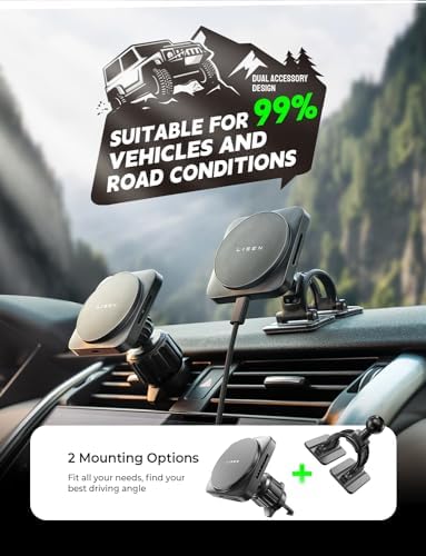 LISEN 15 W Mag Safe Car Mount Charger for i Phone 16 Pro Max – Versatile 4-in-1 Magnetic Phone Holder for Seamless Air Vent or Dashboard Installation – Sleek Black Design Enhances Safety and Convenience for i Phone 15/14/13/12 Users – Effortless Fast Charging on the Go