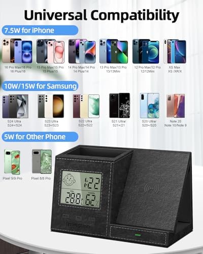 Multi-Functional Desk Organizer with Wireless Charging, Digital Thermometer & Humidity Monitor – Stylish Brown Pen Holder for Home Office Efficiency and Clutter-Free Workspace