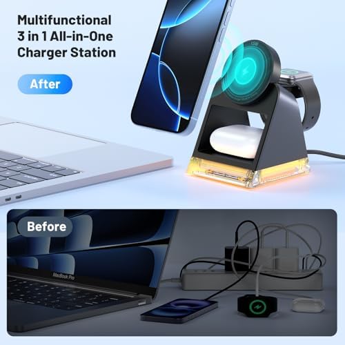 Ultimate 3-in-1 Magnetic Wireless Charging Dock for Apple Devices – Fast 15 W Qi-Certified Charger for i Phone 16/15/14/13/12, Apple Watch Series, and Air Pods – Compact, Durable Design with Non-Slip Base for Effortless Charging on the Go – Perfect Travel Companion for All Your Essential Apple Gadgets