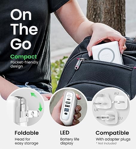 Infina Core P3 8000 m Ah Portable Power Bank: Ultra-Fast 18 W USB-C Charger with 4-in-1 Functionality, Qi Wireless Compatibility, and Travel-Ready Foldable Plug for Effortless Device Charging on the Go