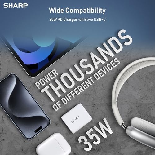 Optimize Your Charging Routine with the Sharp 35 W Dual USB-C Charger – Compact Ga N Fast Charging Adapter for i Phone 15, i Pad Pro, and More – Foldable, Portable Design for Effortless Charging Anywhere – Versatile Compatibility for All Your Essential Devices