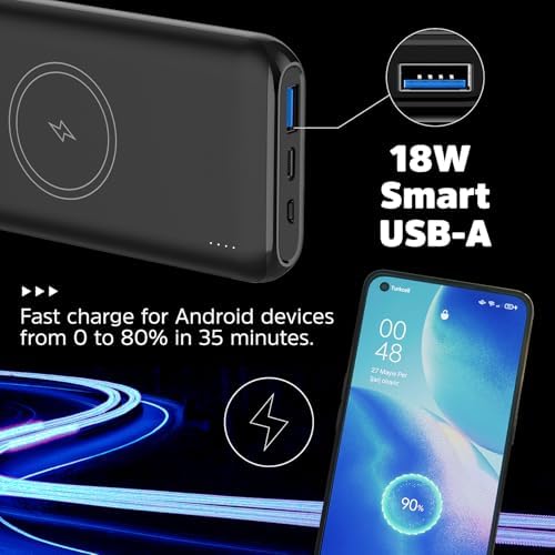 Energizer 10,000 m Ah Wireless Power Bank – 15 W Fast Charging & 20 W USB-C Power Delivery for i Phone 15/16 Pro Max & Android Devices – Sleek, Portable Design for Effortless Power on the Go – Dual Charging Options for Maximum Convenience