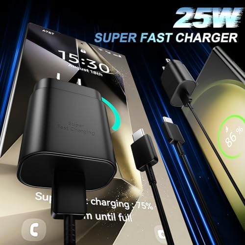 25 W Ultra-Fast Samsung Charger with 6.6 FT USB-C Cable | Rapid Charging Solution for Galaxy S25/S24/S23/S22/S21/Note Series | High-Speed Performance & Safety Features for On-the-Go Users | Ideal for Travel & Everyday Use | Boost Your Device’s Battery Life Effortlessly