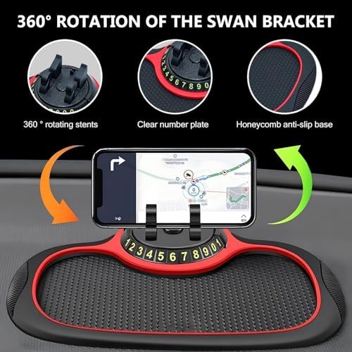 Car Phone Holder with Anti-Slip Mat, Muti-Purpose Dashboard Protection Pad, 360° Rotatable Cell Phone Holder with Temporary Parking Number, Universal Car Phone Mount for Most Cars (Black) – Enhanced Compatibility and Speed