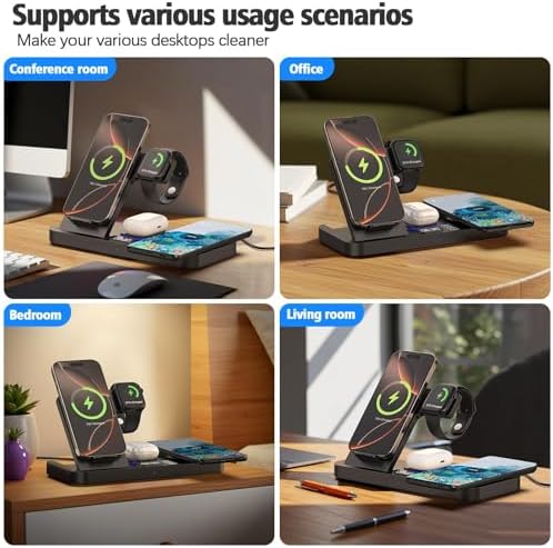 Revolutionary 6-in-1 Dual Wireless Charging Station for Apple Devices – Fast Magnetic Charger for i Phone, Apple Watch, and Air Pods with Dynamic 7-Color Ambient Lighting & Built-in Clock – Enhanced Compatibility with Mag Safe Cases, Includes Adapter & Type-C Cable – Perfect All-in-One Charging Solution for the Modern Apple User