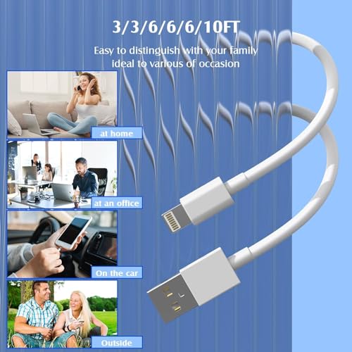 Ultimate 6-Pack i Phone Charger Cables (3/3/6/6/6/10 FT) – MFi Certified Fast Charging Lightning Cords for i Phone 14, 13, 12, 11 Pro Max, XS, XR, X, 8, 7, 6 Plus – Versatile Lengths for Optimal Convenience and Durability