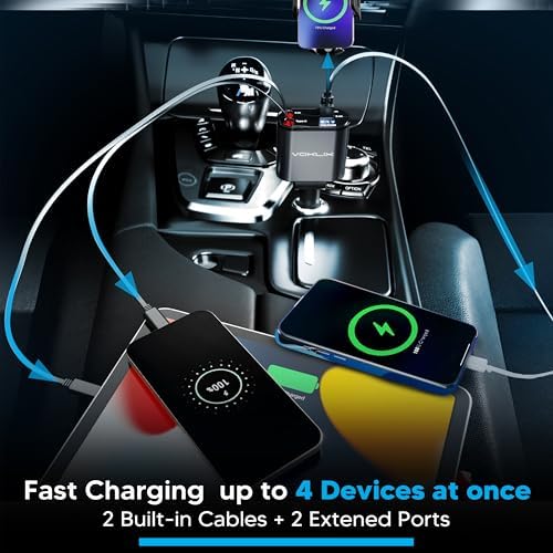 Ultimate 4-in-1 Retractable Car Charger – 66 W High-Speed USB Adapter with 2.6 ft Cables for i Phone 15/14 Pro – Fast Charging, Tangle-Free Design, Dual USB Ports for Multiple Device Compatibility – Ideal Travel Companion for On-the-Go Charging