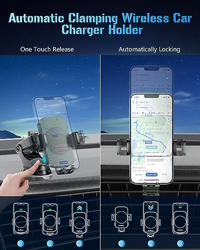 Smart Wireless Car Charger & Auto-Clamping Phone Holder – Fast Charging 3-in-1 Mount for i Phone 11-16 & Samsung Galaxy S23-S9+ – Enhanced Compatibility, Hands-Free Navigation, and Adjustable Viewing Angles for Optimal Convenience