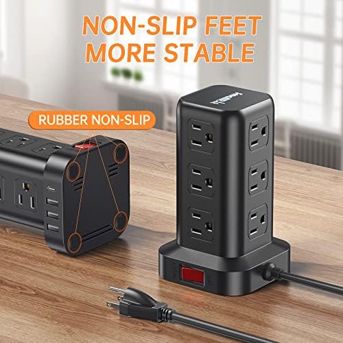 15 FT USB C Surge Protector Power Tower with 12 AC Outlets & 4 Rapid Charging USB Ports – Ultimate Overload Protection for Home and Travel Efficiency – Compact, Versatile Charging Solution for Modern Devices