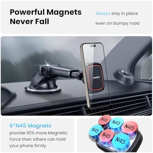 APPS2 Premium Mag Safe Car Mount for i Phone 16/15/14/13/12 – Advanced Dashboard Holder with Strong Suction & Wireless Charging Compatibility – Perfect for Safe Navigation and Hands-Free Calls