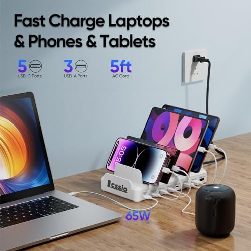 High-Power 300 W Multi-Device Charging Station: 8-Port USB-C Fast Charger Dock with 6 Cables for Mac Book, i Phone 16/15/14/13/12, Samsung, Pixel & i Pad – Sleek White Design for Ultimate Efficiency and Versatility