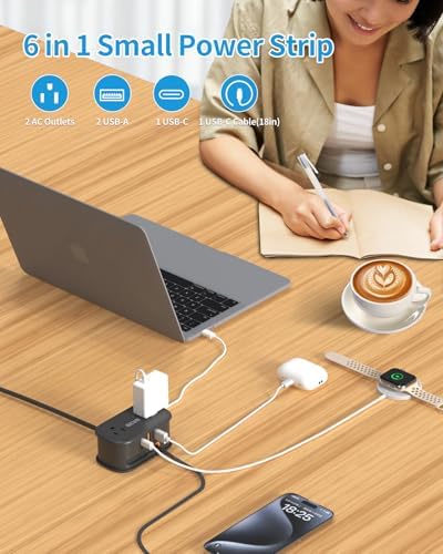 BEVA Portable Travel Power Strip with 5 ft Retractable USB C Cable – Compact Charger for Hotels and Cruises, Featuring 2 AC Outlets & 3 USB Ports for Enhanced Device Compatibility and Fast Charging