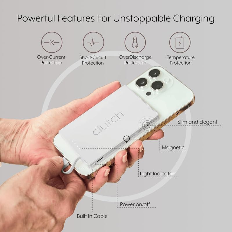 Lightweight Clutch Pro 5000 m Ah Portable i Phone Charger – TSA Approved Magnetic Power Bank for Travel – Built-in Lightning Cable – Perfectly Compatible with i Phone 14 & Earlier Models – Secure, Hassle-Free Charging at Just 3.7 oz – Elevate Your Travel Experience with Reliable Power Solutions