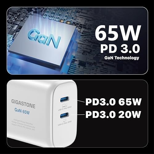 Gigastone 65 W Ga N Dual USB-C Charger [2-Pack] – Rapid Intelligent Power Allocation for Mac Book, Dell XPS, i Pad, i Phone 15/16, Galaxy S24 – Compact Foldable Travel Adapter with Enhanced Compatibility and Fast Charging Performance