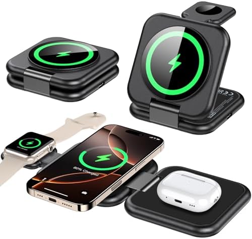 Ultimate 3-in-1 Magnetic Wireless Charging Station for Apple Devices – Fast Foldable Charger for i Phone 12-16 Series, Apple Watch, and Air Pods Pro – Travel-Friendly Green Design for Enhanced Efficiency and Compatibility