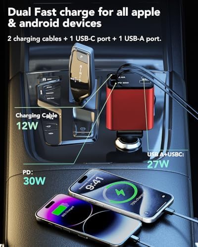 2025 Ultra-Compact 4-in-1 Retractable Car Charger – 69 W Fast Charging Adapter for i Phone 16, Galaxy and More – Innovative Space-Saving Design with Multiple Ports for Simultaneous Device Powering – Essential Car Accessory for Daily Commutes and Road Trips