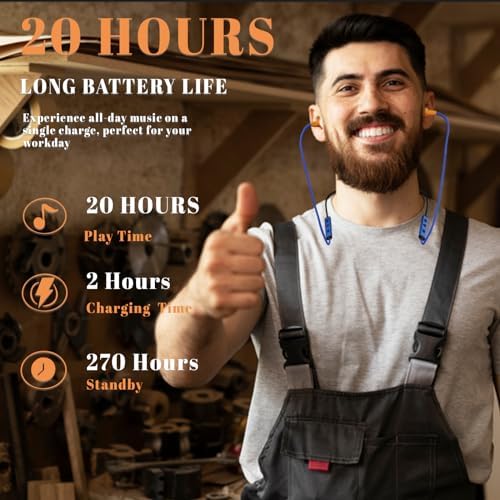 Professional Bluetooth Earplug Headphones with Neckband – 20-Hour Long-Lasting Sweatproof Wireless Earbuds for Construction and Workplace Safety – Superior Noise Reduction, Integrated Mic & User-Friendly Controls for Effortless Connectivity – Perfect for High-Noise Environments