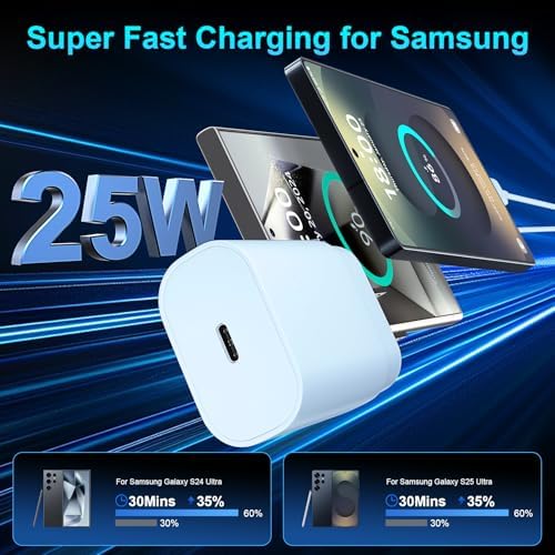 High-Speed 25 W Type C Wall Charger for Samsung Galaxy S25 Series – Includes Dual 10 FT USB-C Cables for Enhanced Flexibility and Safety – Lightning-Fast Charging with Compact Design for Travel Enthusiasts and Everyday Users