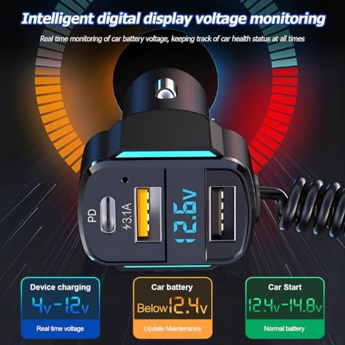 Ultimate 3-Port USB C Car Charger with PD3.0 & QC3.0 Fast Charging – LED Digital Display for Real-Time Monitoring – Coiled Cable Included – Versatile Compatibility for i Phone, Android & More – Sleek Design for Every Vehicle