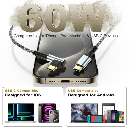 Maximize Your Charging Efficiency with 3-Pack 10 FT 60 W USB C to USB C Cables – Durable Braided Design, Ergonomic Right Angle Connector for Seamless Use with i Phone 16/15 Pro Max Plus, Galaxy S25/S24, i Pad Pro/Air, Mac Book Pro/Air – Ideal for Home, Office, and Travel Convenience