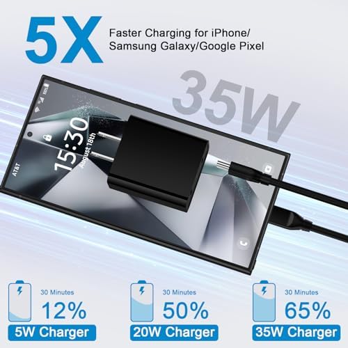 Revolutionize Your Charging Experience with the 35 W Dual Port USB-C Power Adapter – Ultra-Fast Charging for Samsung Galaxy S Series and Google Pixel Devices – Comes with 6 FT Durable USB-C Cable for Enhanced Connectivity – Perfect for Active Lifestyles with Compact Portability – Charge Two Devices at Once with 35 W Total Output for Quick Power Restorations – Essential Accessory for Tech Savvy Users Demanding Efficiency and Reliability – Crafted from Premium Materials for Long-Lasting Durability – Upgrade Your Power Solutions with This Versatile Fast Charger Designed for Maximum Compatibility and Rapid Performance.